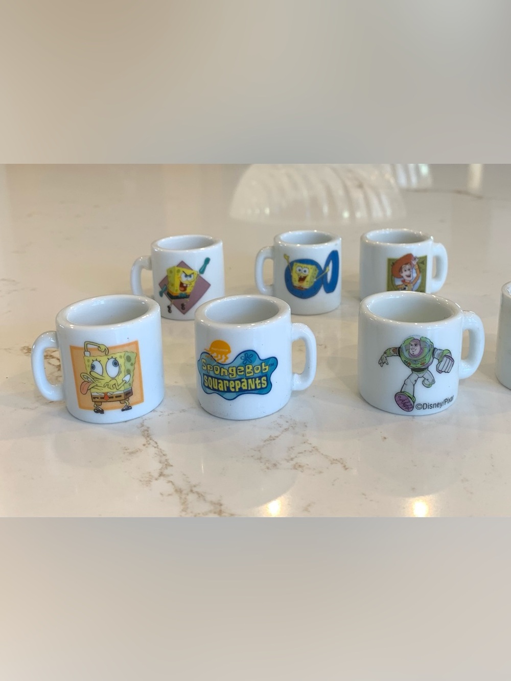 2002 SpongeBob Miniature Ceramic Mug Toy Story/ Mickey Mouse Lot Of (7) 1”.